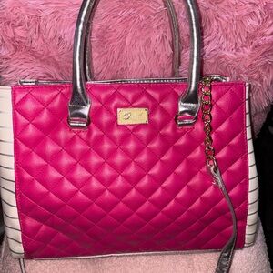 Betsey Johnson hot pink quilted and silver side striped tote